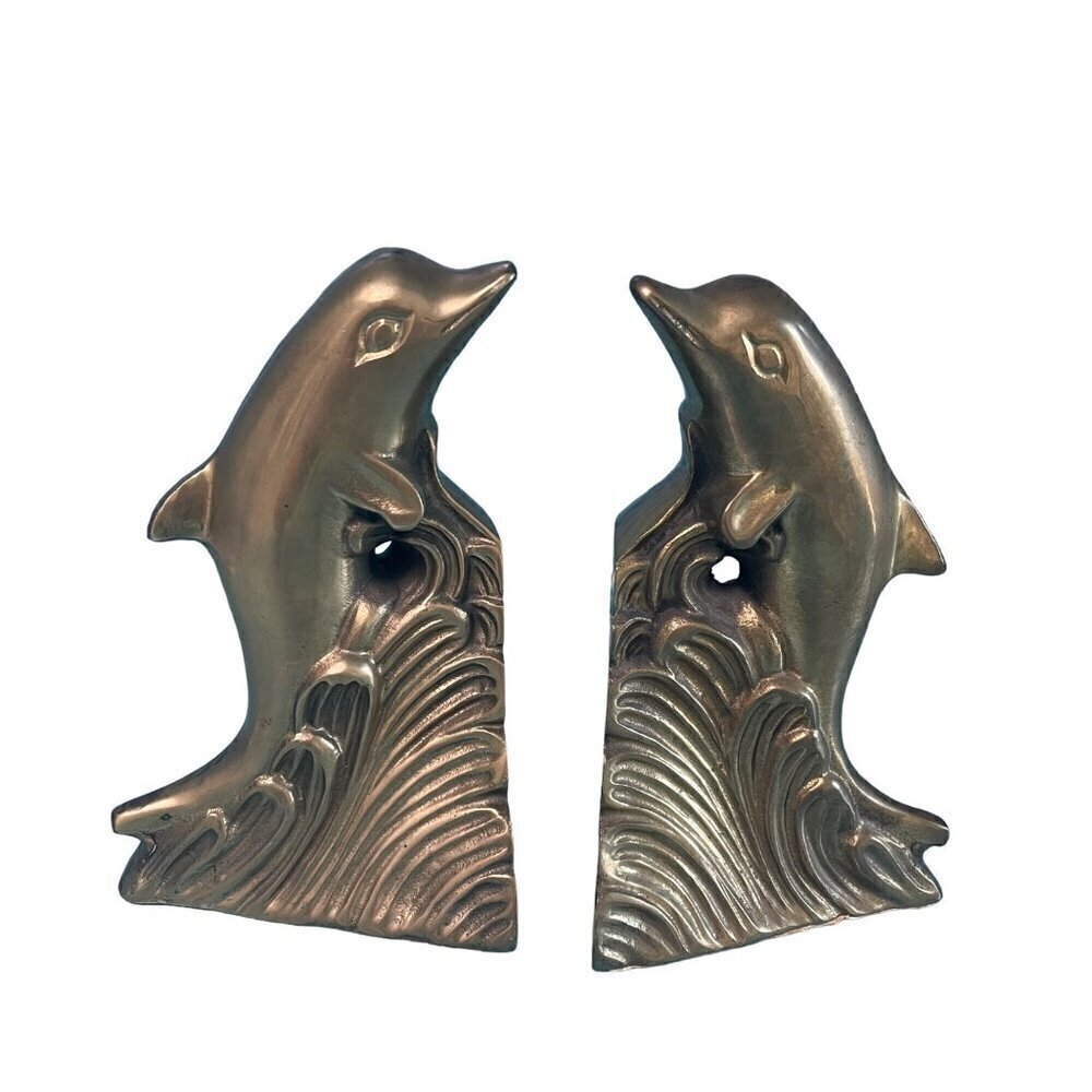 Vintage Brass Dolphin Pair Wave Bookends Nautical Theme MCM